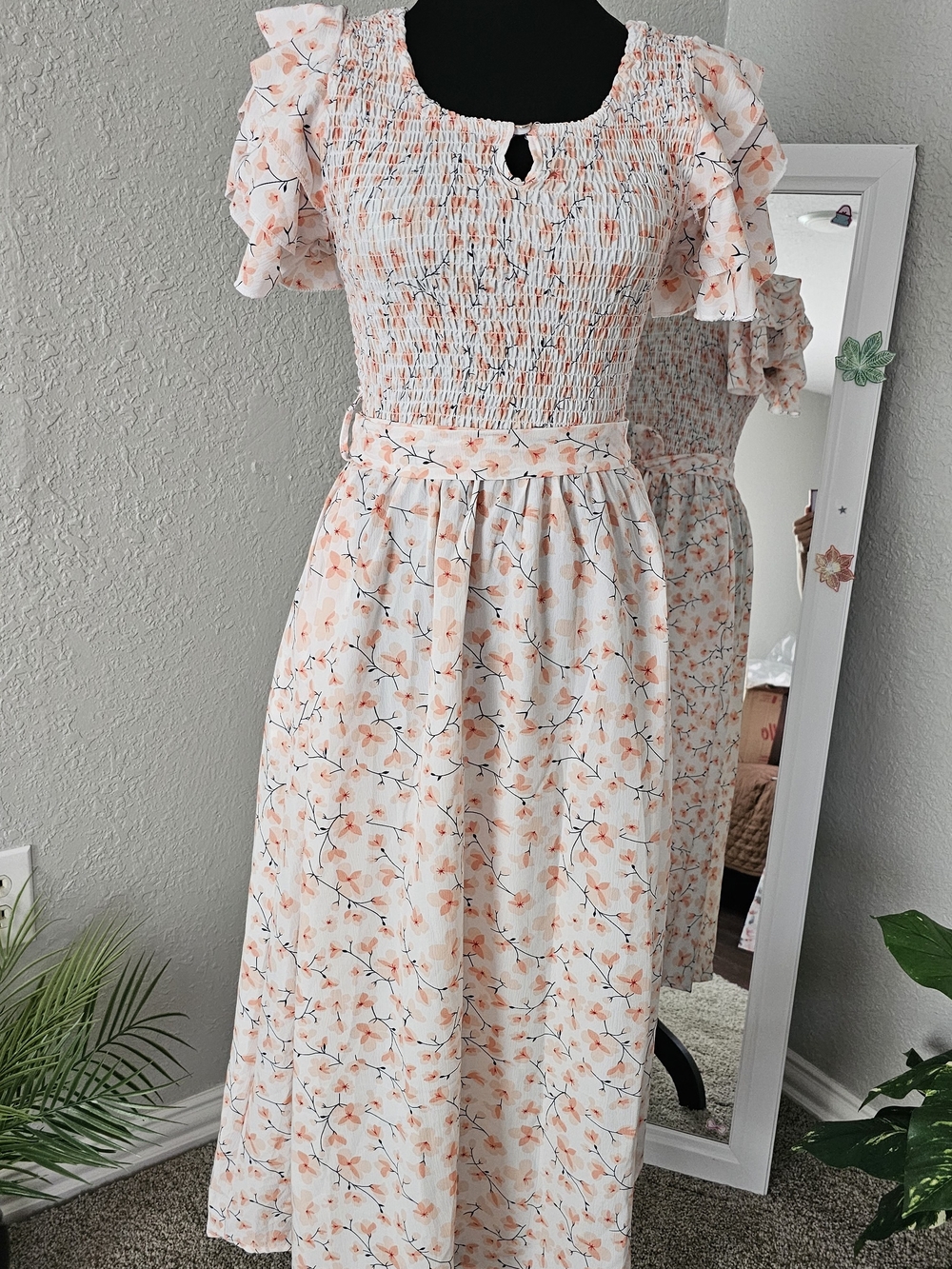 Smocked Floral Midi Dress in Peach & White